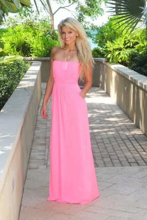 Strapless Neon Pink Maxi Dress With Pockets