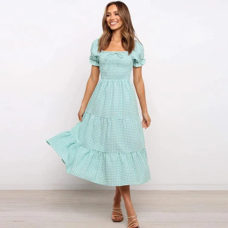 Sweet High Waist Light Green Plaid Long Dresses