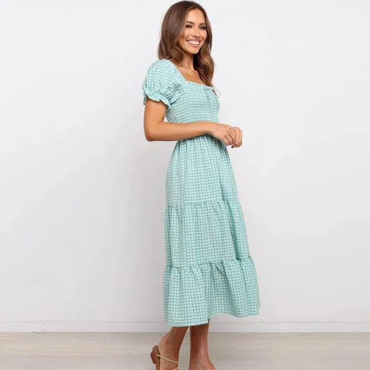 Sweet High Waist Light Green Plaid Long Dresses