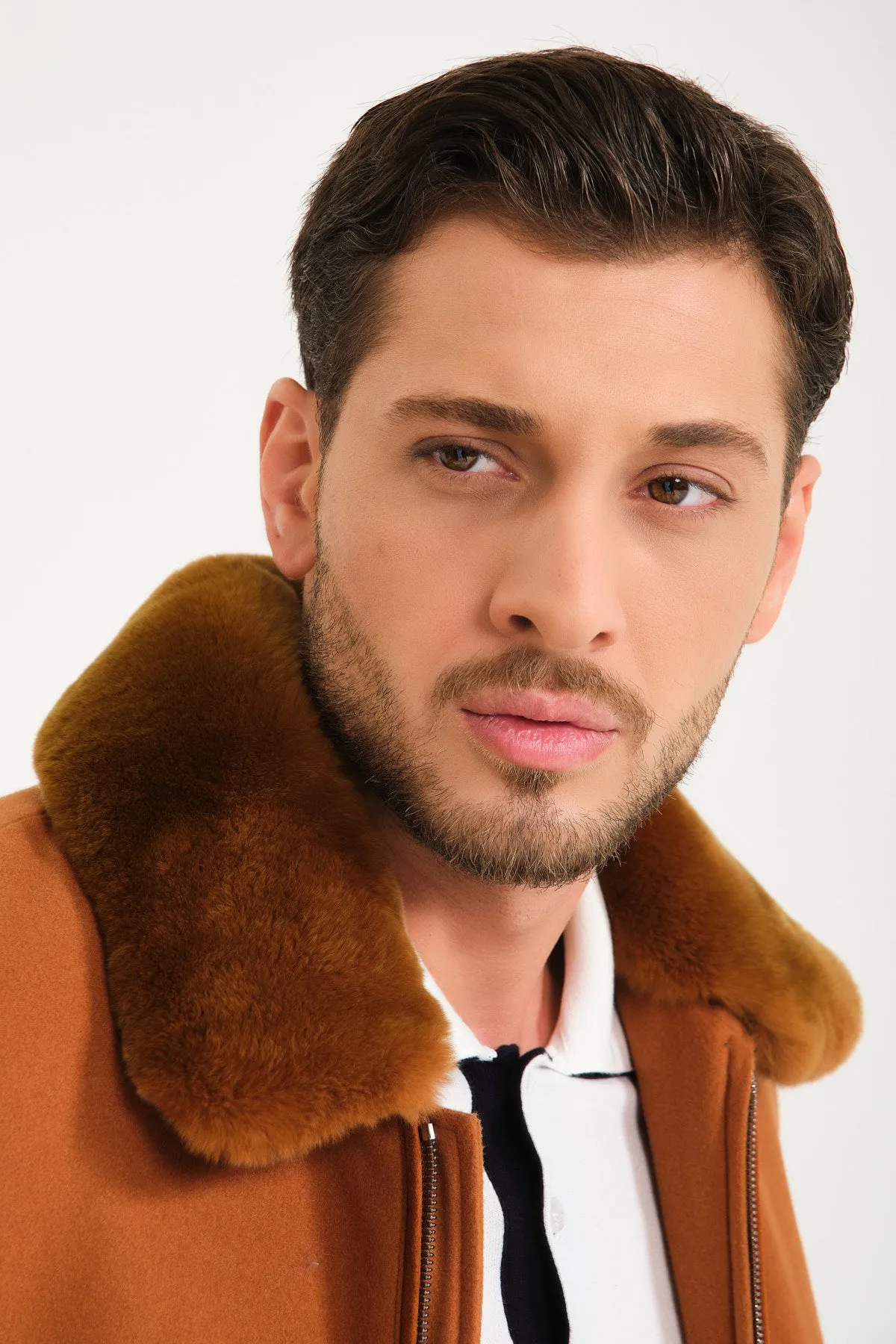 Tobacco Color Wool & Rex Fur Coat