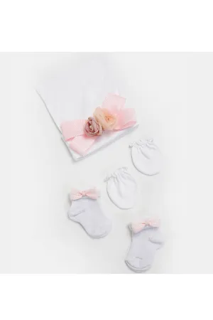 White Bow Flower Cap With Socks And Mittens