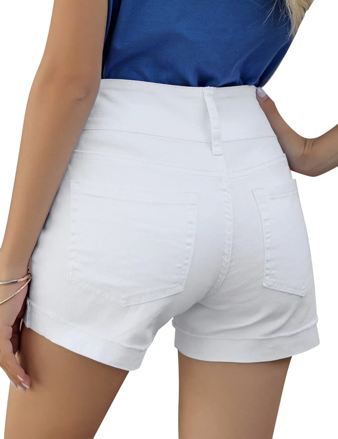 White High Waist Folded Raw Hem Distressed Triple Button Denim Shorts