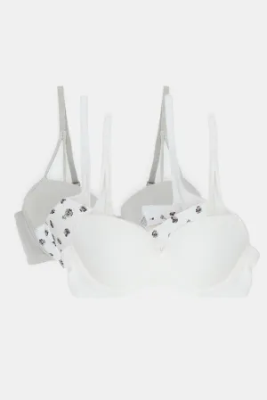 Women White And Grey Floral Plunge Bra Set (Pack of 3)