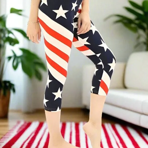 Womens American Flag Capri Leggings, Patriotic 4th of July Pants, Sizes 0-18, No-Roll Waist, Red/White/Blue