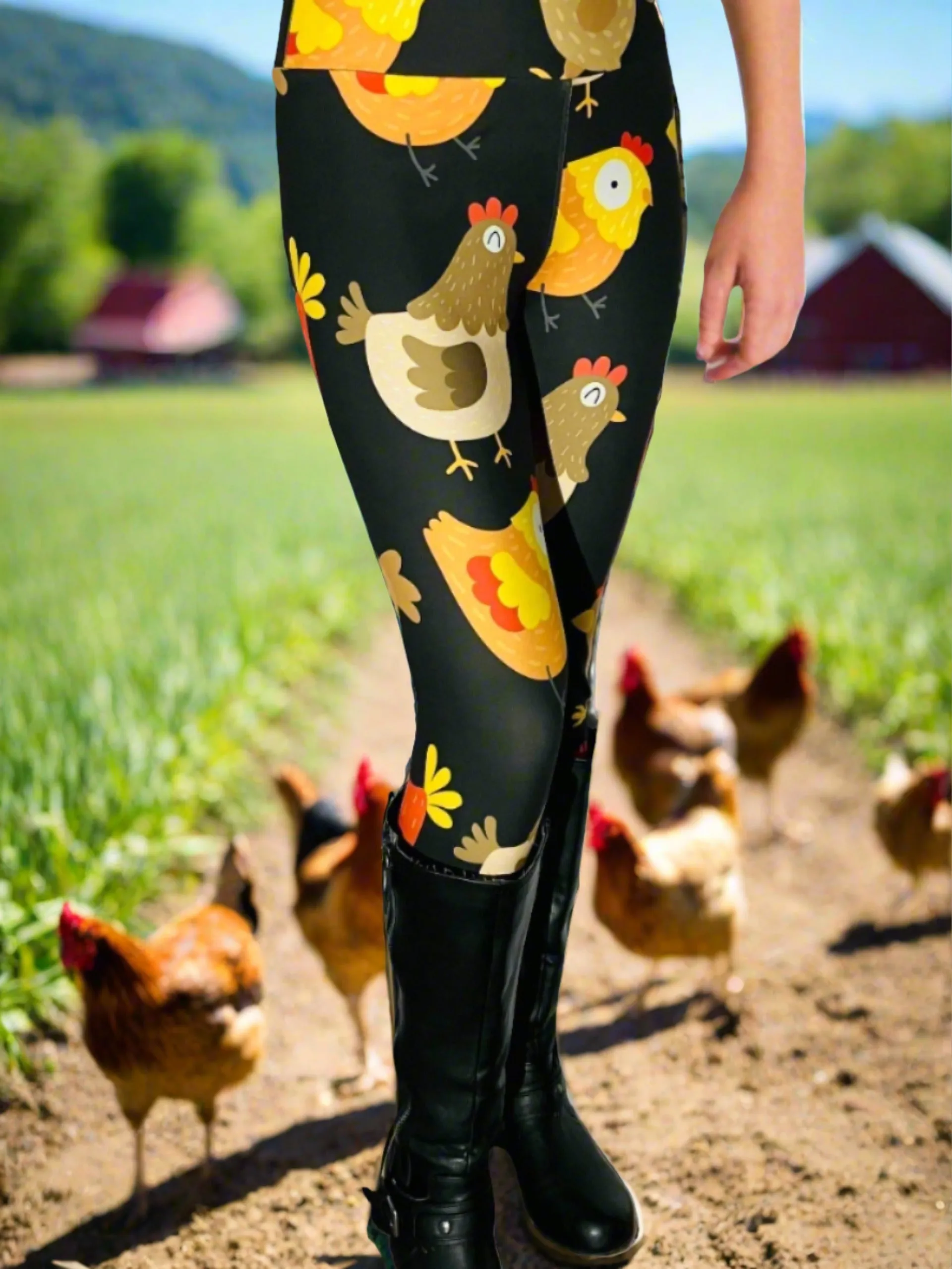 Womens Chicken Rooster Leggings, Soft Yoga Pants, Sizes OS/TC/TC2, Yoga Waist, Black/Yellow, Exclusive Leggings