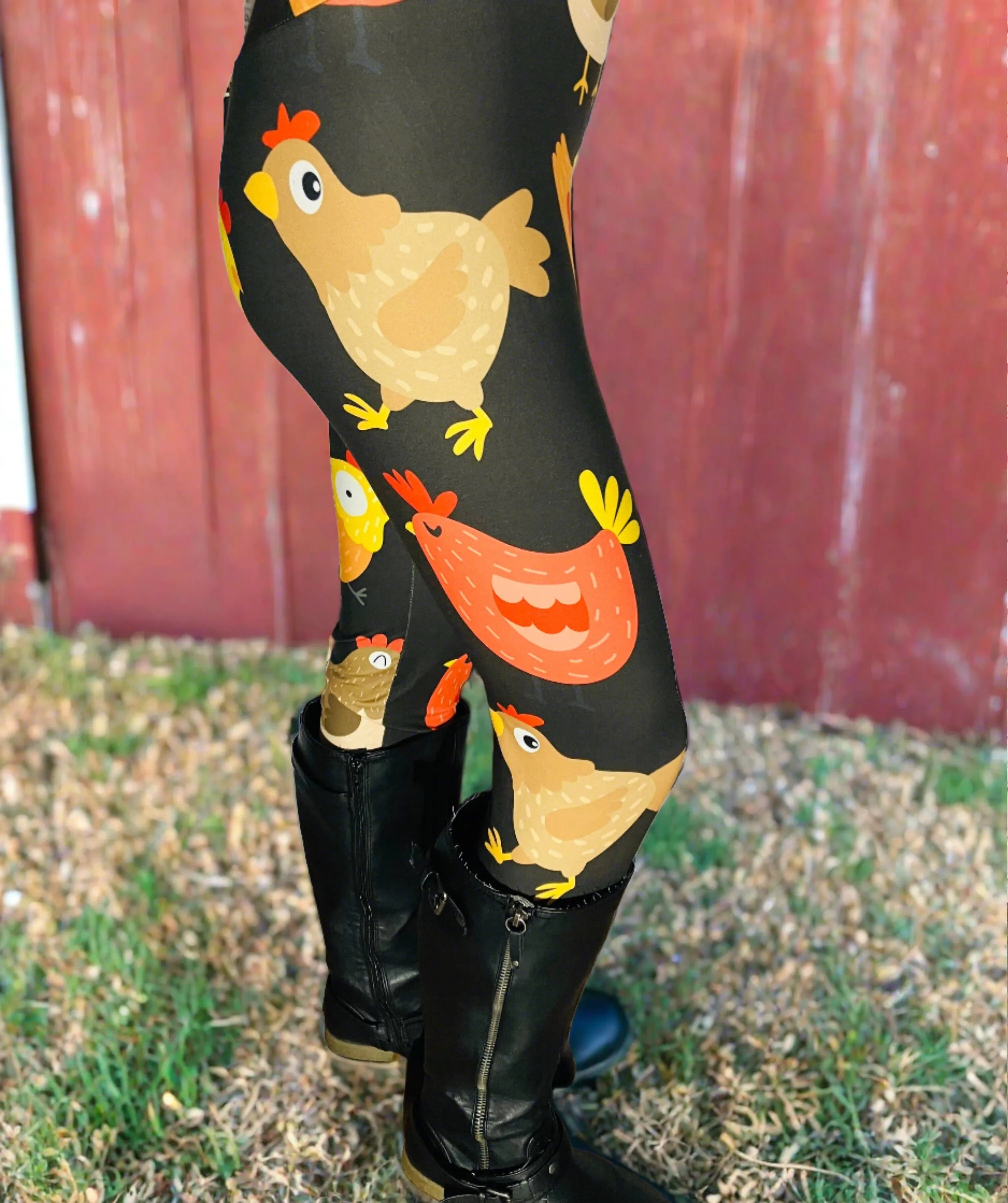 Womens Chicken Rooster Leggings, Soft Yoga Pants, Sizes OS/TC/TC2, Yoga Waist, Black/Yellow, Exclusive Leggings