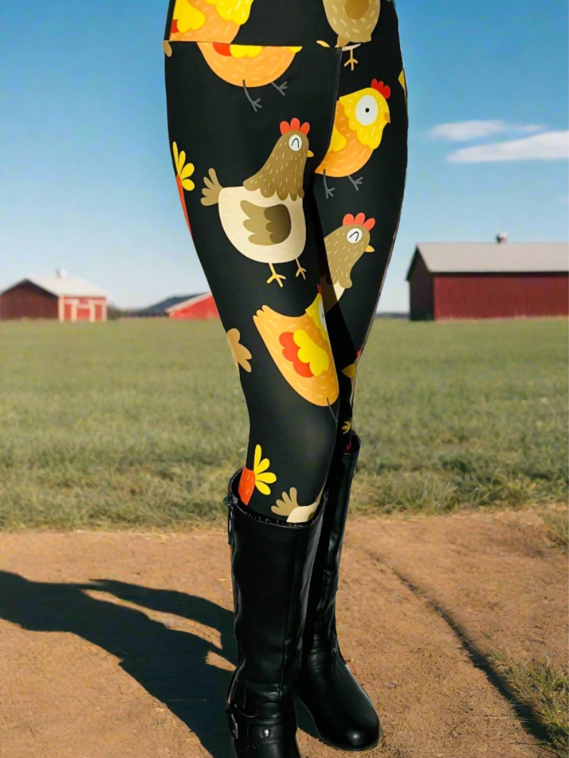 Womens Chicken Rooster Leggings, Soft Yoga Pants, Sizes OS/TC/TC2, Yoga Waist, Black/Yellow, Exclusive Leggings