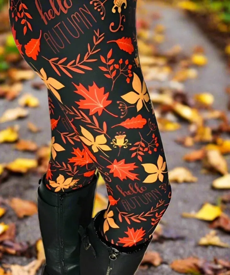 Womens Fall Oak Leaf Leggings, Soft Yoga Pants, Sizes OS/TC Yoga Waist, Black/Orange, Exclusive Leggings