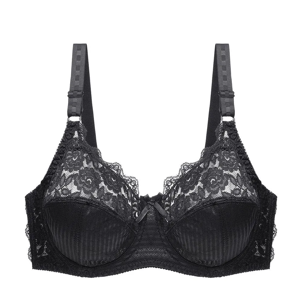 Women's Non Padded Lace Brassiere Sheer Underwire Plus Size Stripe Ultra-thin Bras Large Underwear
