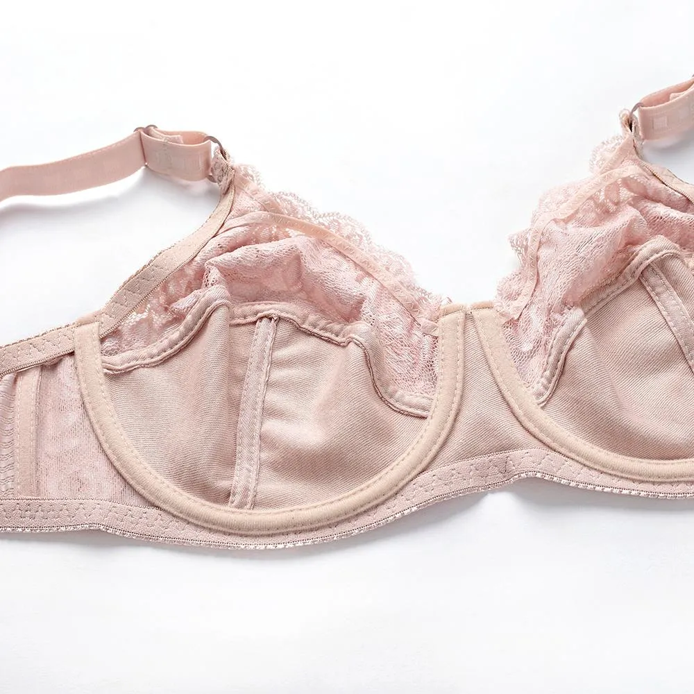 Women's Non Padded Lace Brassiere Sheer Underwire Plus Size Stripe Ultra-thin Bras Large Underwear